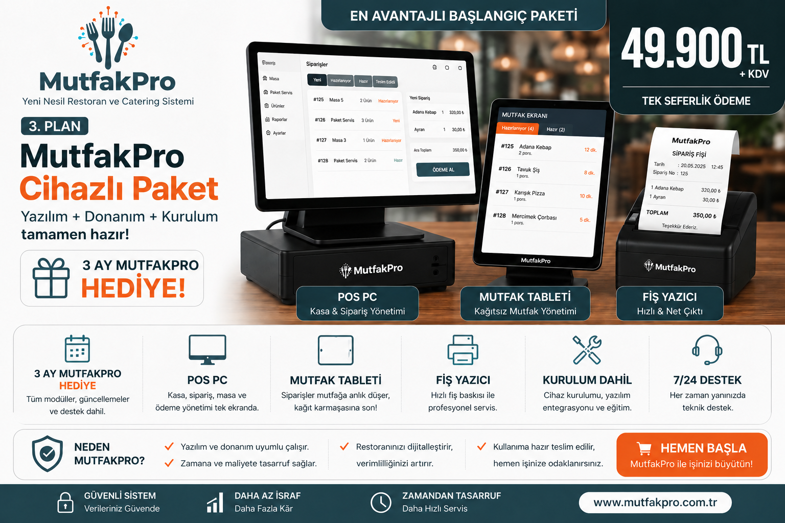 MutfakPro Cihazlı Paket kampanyası: POS PC, mutfak tableti, fiş yazıcı ve 3 ay MutfakPro hediye